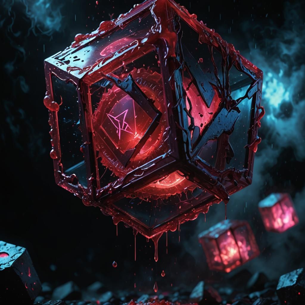 Blood-Soaked Tesseract in a Dark, Misty Space
