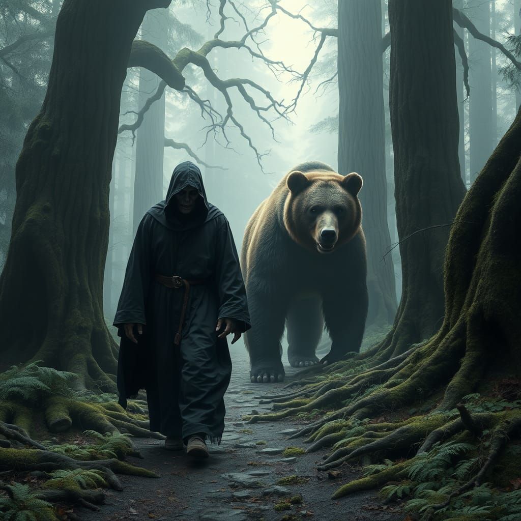 Grim Reaper and Grizzly on Forest Trail