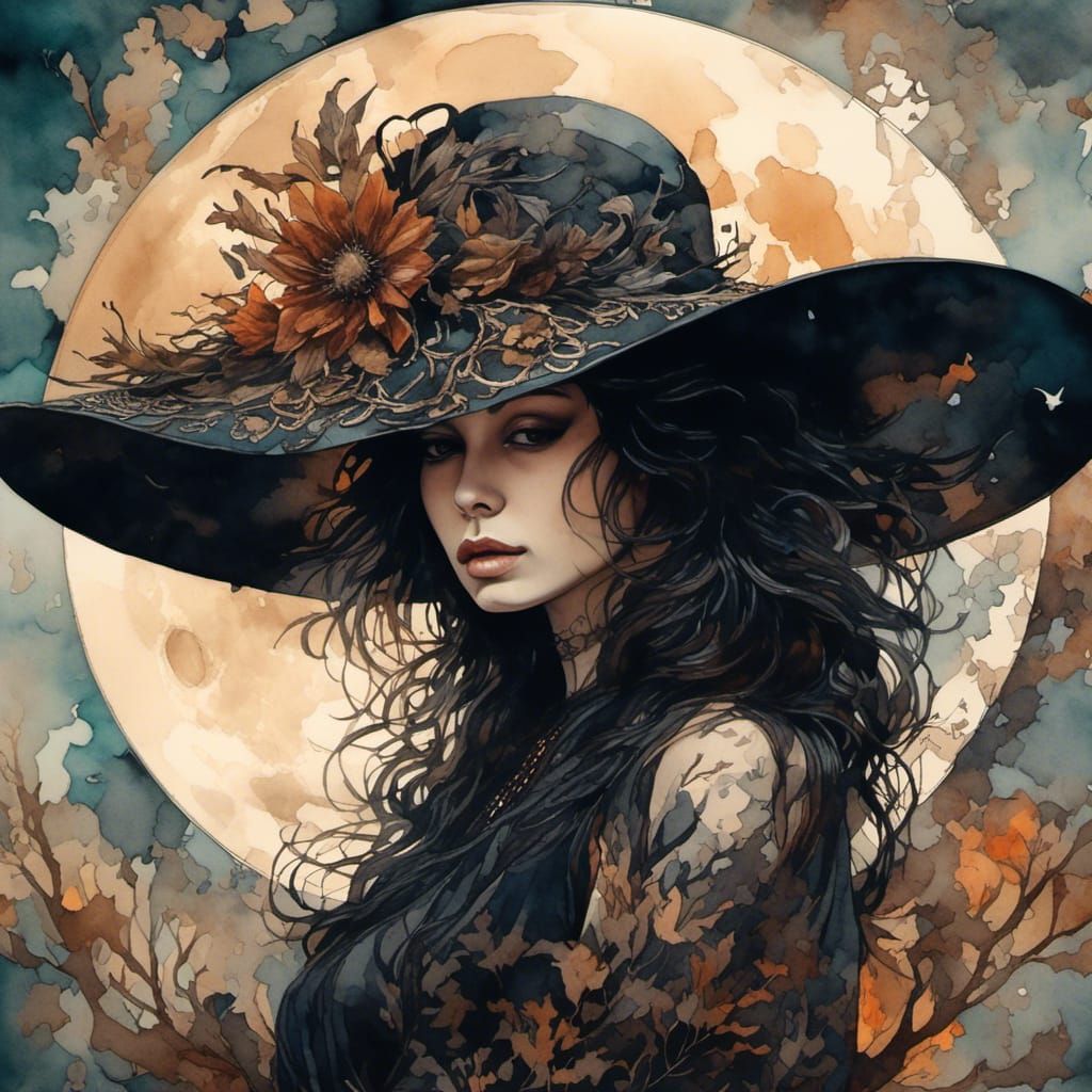 Dark Female Mage in Antique Watercolor Style