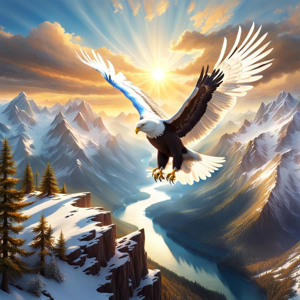 White Eagle Soaring Over Mountain Landscape
