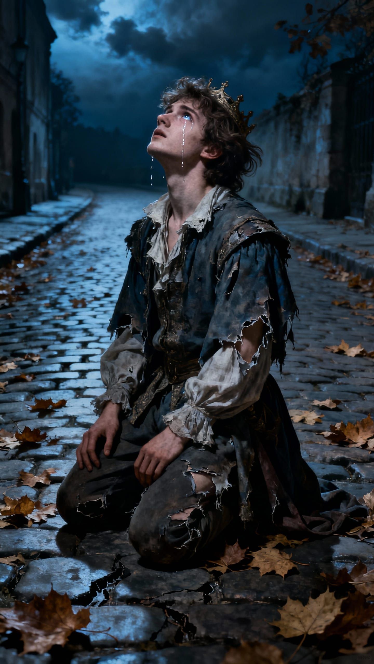 Prince in Despair on Cobblestone Street, Baroque Style