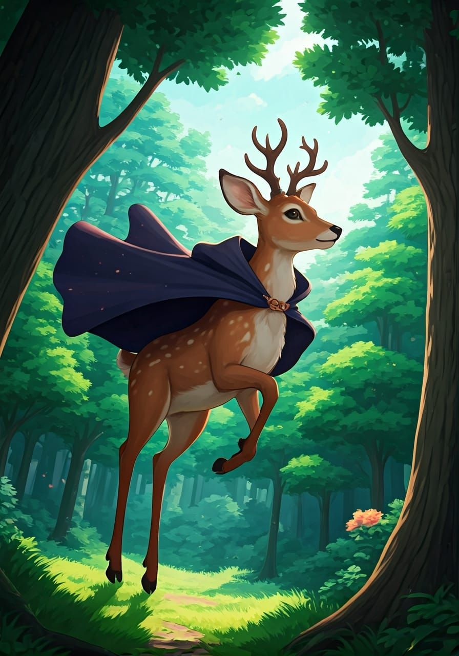 Deer Witch Flying Through Woods in Anime Style