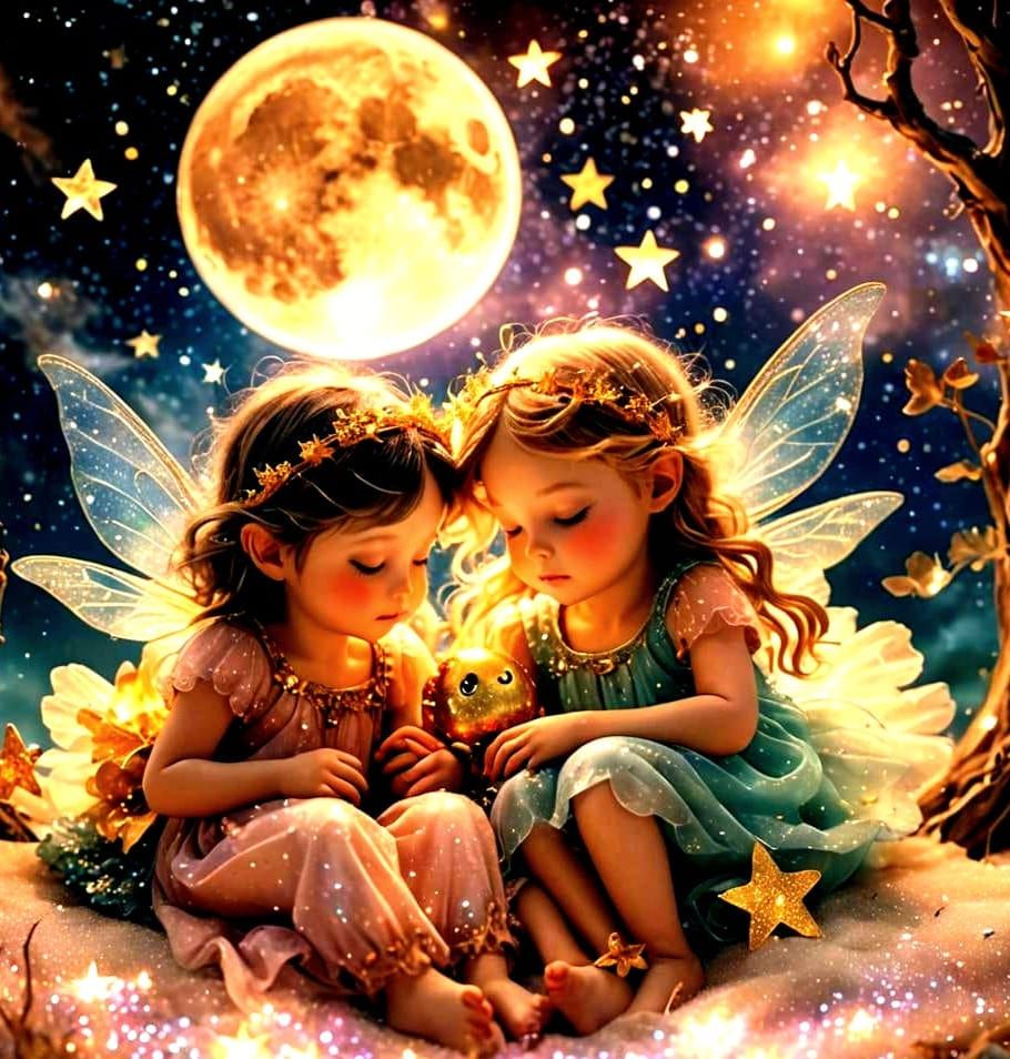 Fairies Sleeping on Bioluminescent Moon in Galaxy