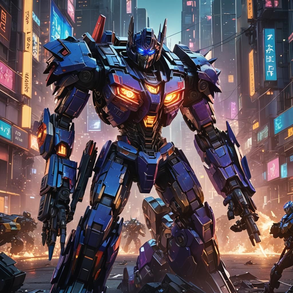 Transformers Battle in Futuristic Cityscape: 3D Anime Art