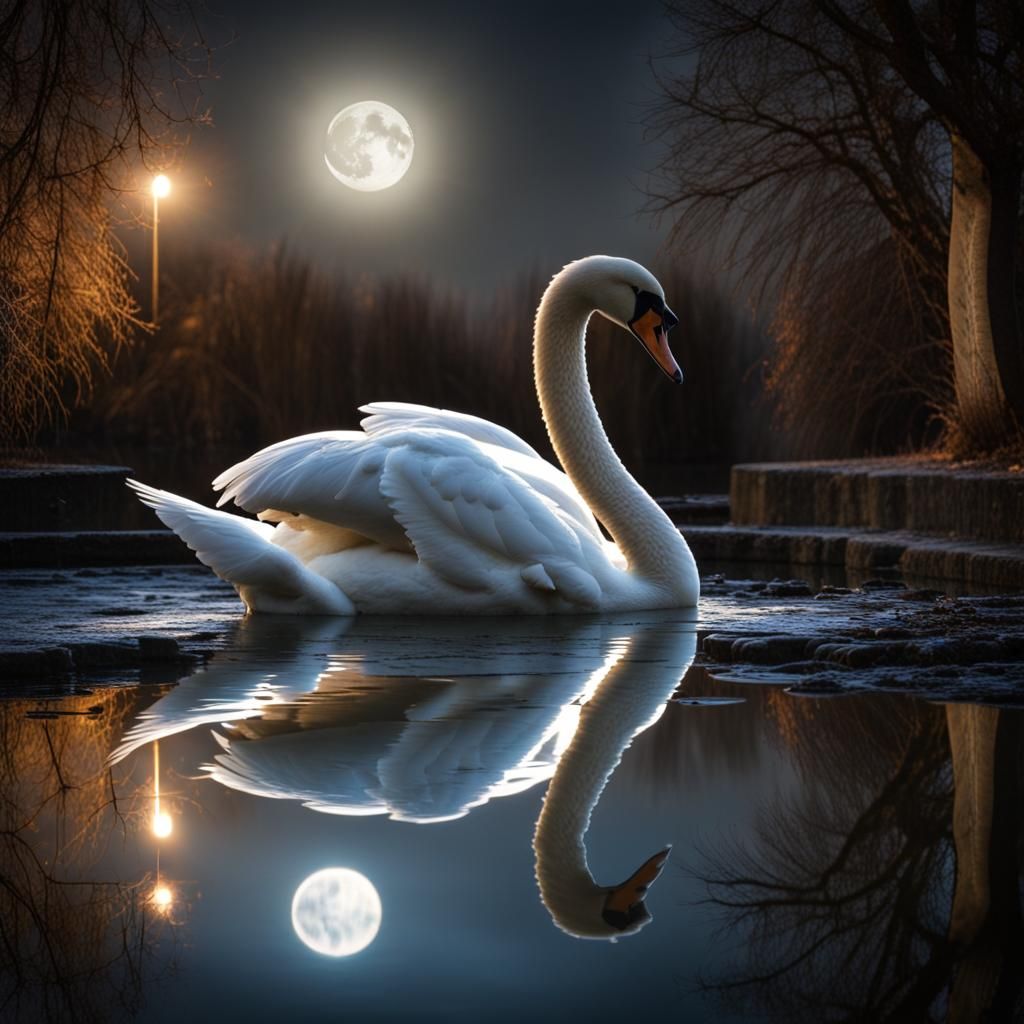 Swan in Mirrored Pool Under Moonlit Bridge