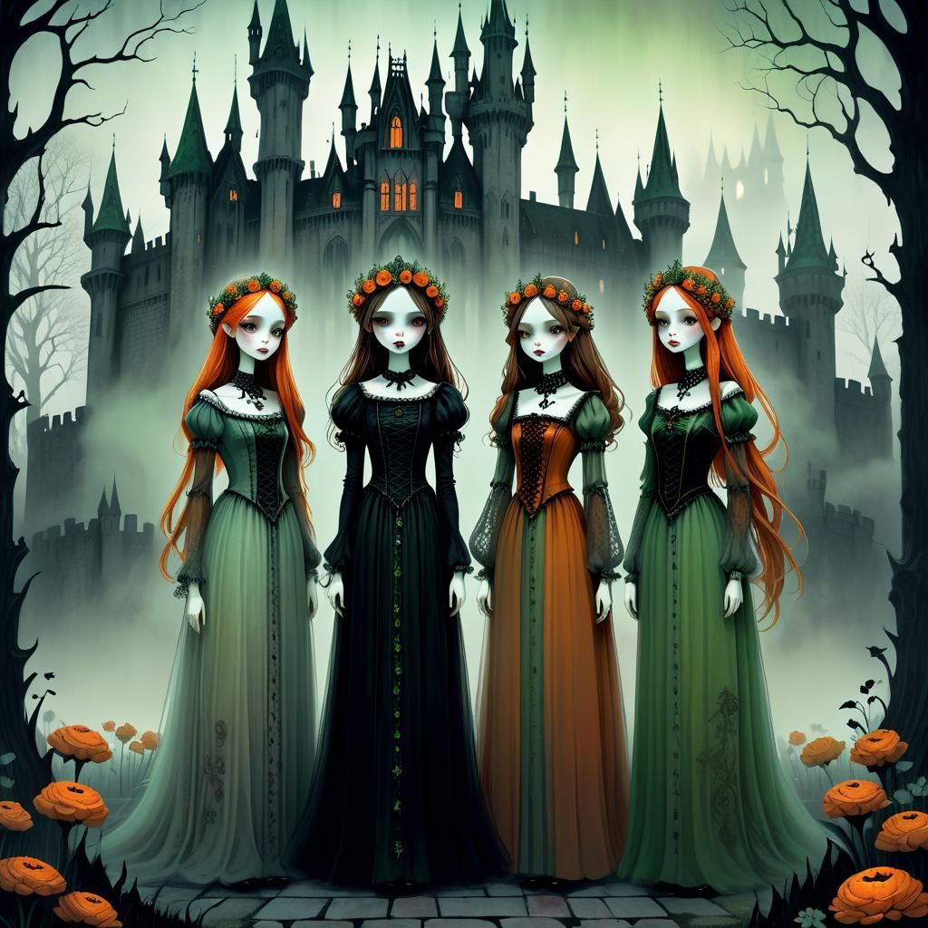 Four Slender Maidens in a Whimsical Gothic Scene