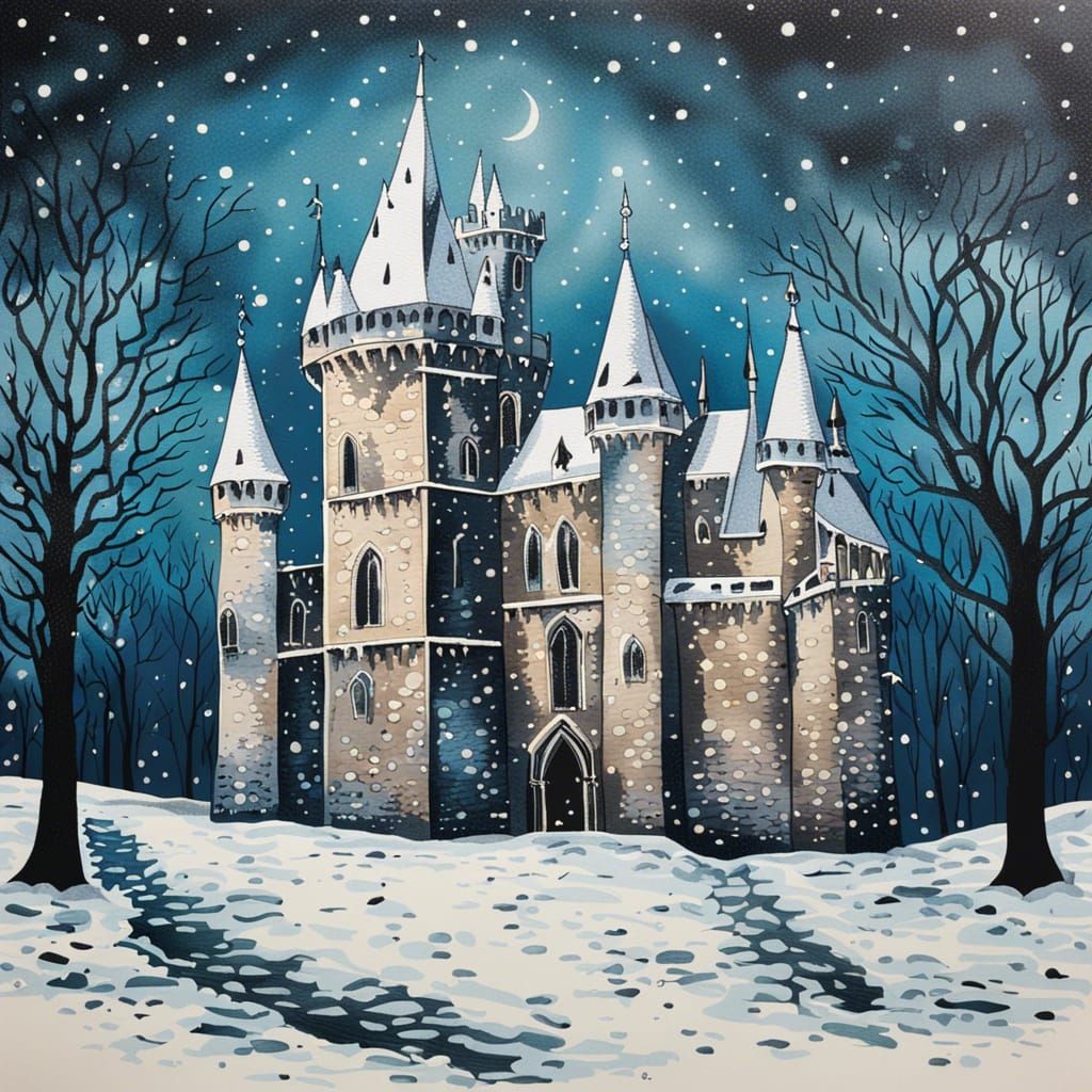 Gothic Castle Painted with Pointillism in Winter