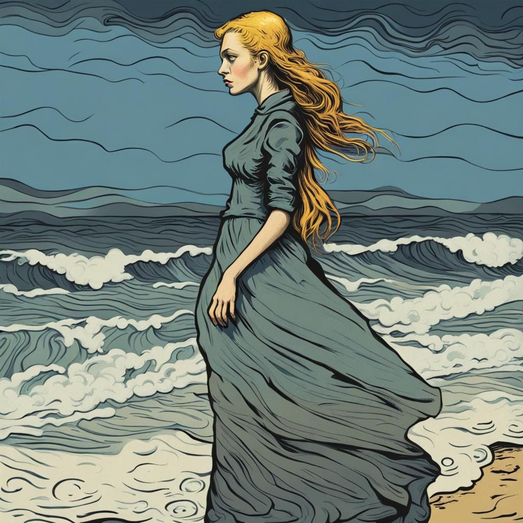 Profile of girl with bored expression walking on the seaside