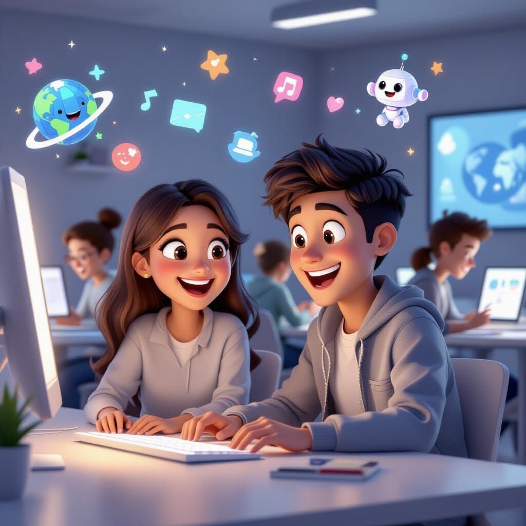 Joyful Pixar-Style Students Learn Digitally Together