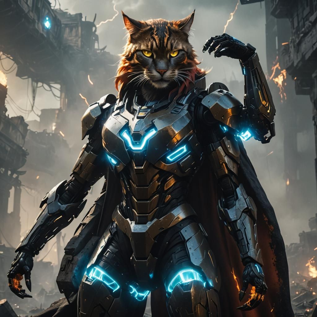 Cyberpunk Cat Cybertronian Stands in Burning Ruins