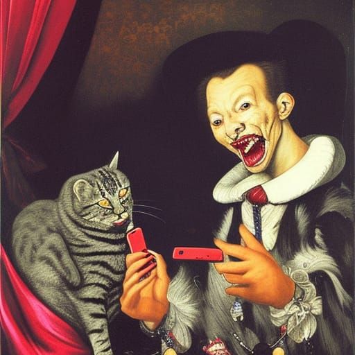 Vampire Selfie with Cats in Classic Portrait Style