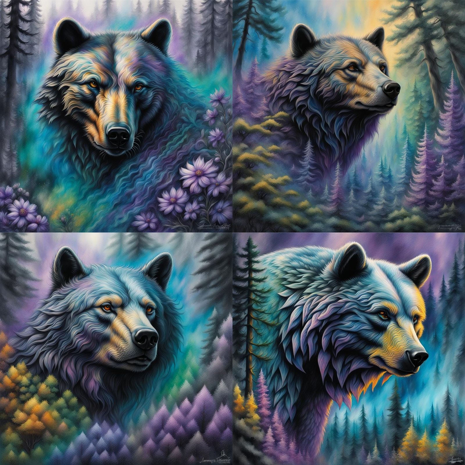 Bear-Wolf Hybrid in Hyperrealistic Charcoal Drawing