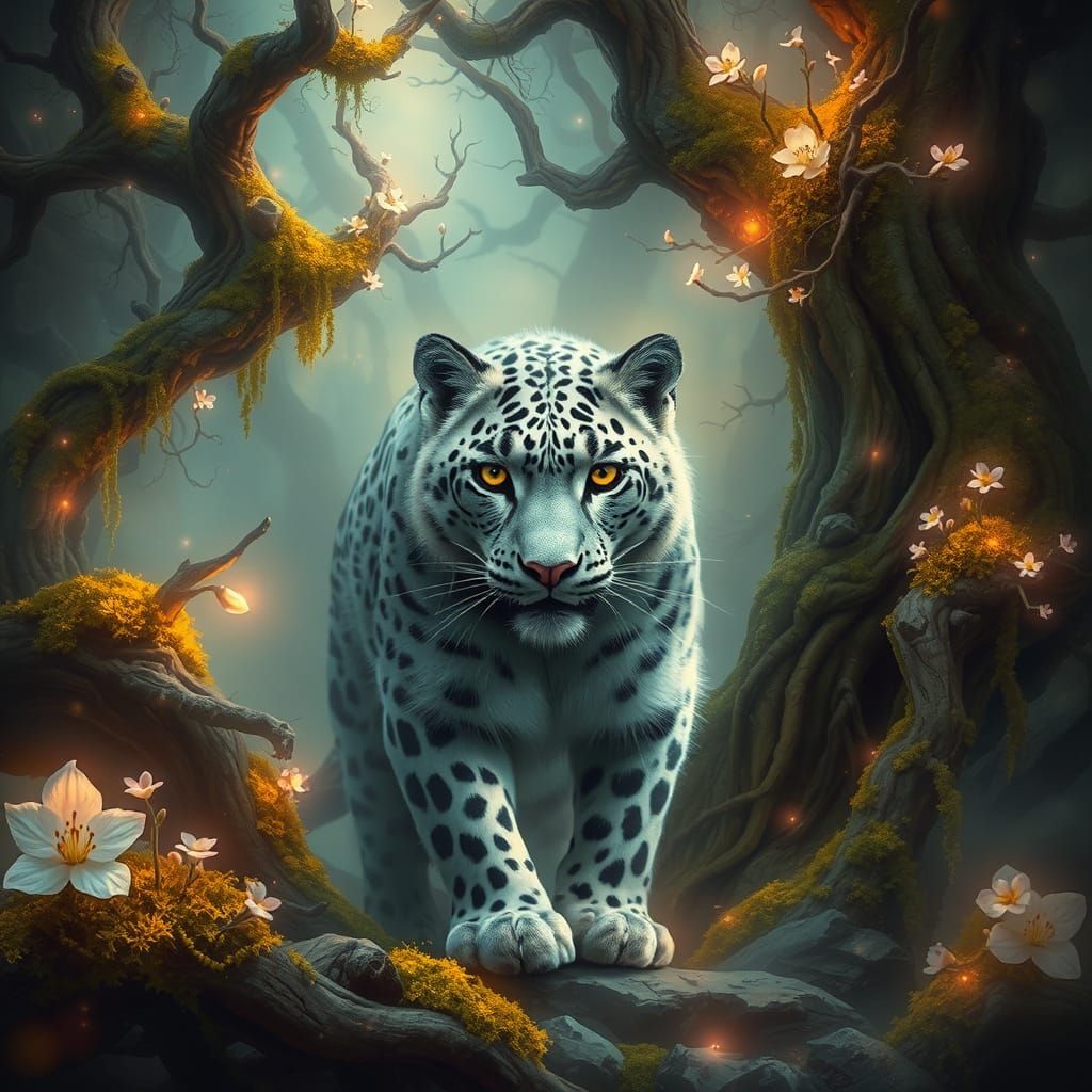 Mystical Snow Leopard Spirit in Ancient Forest