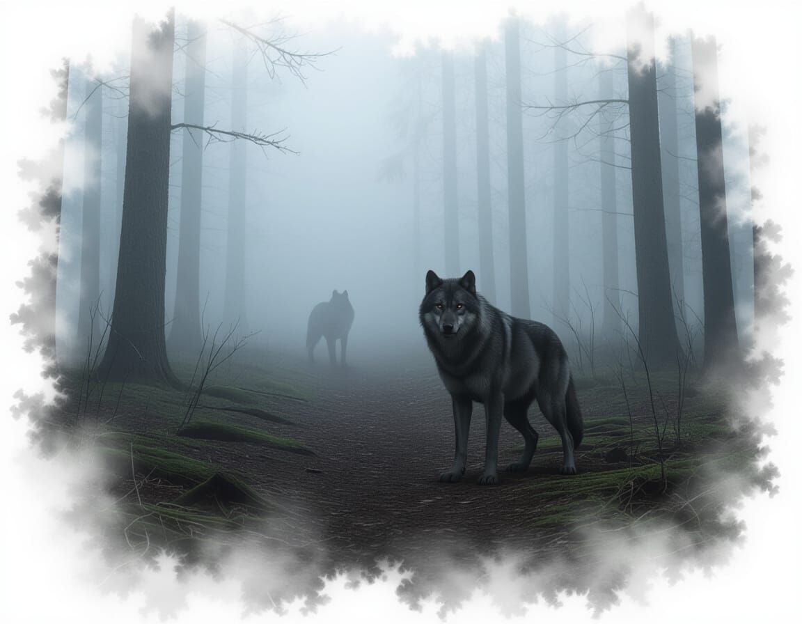 Werewolf Lurking in Grimdark Foggy Forest