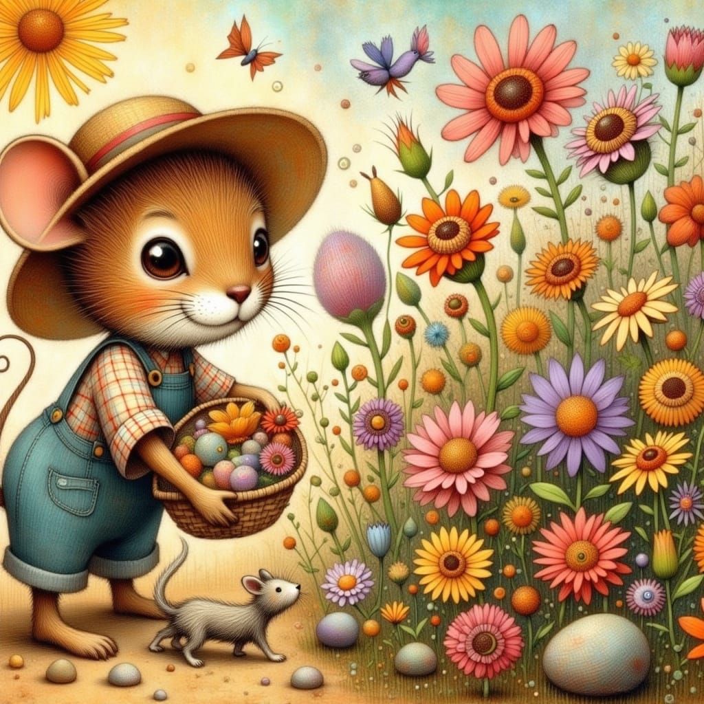 Whimsical Summer Garden Scene in Storybook Style