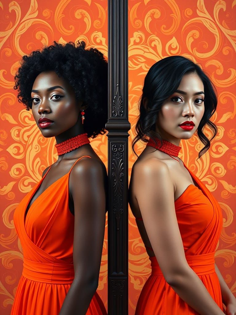 Two Women in Orange Dresses Beside Ornate Pillar