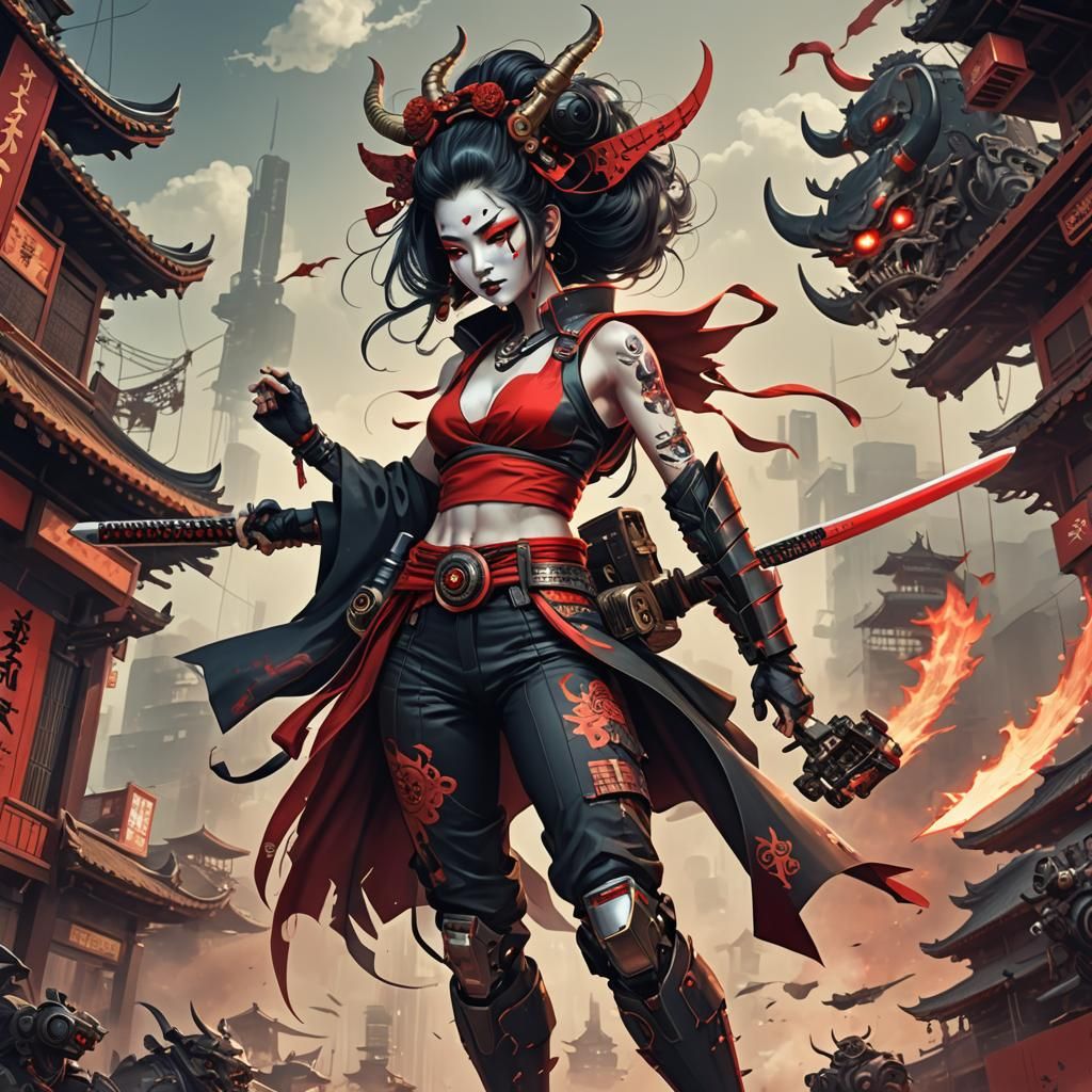 Cyberpunk Demon Geisha with Katana