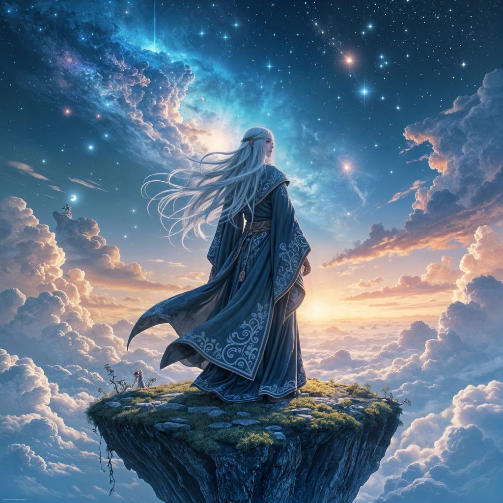 Elven Mage Gazing at Nebula in Anime Style