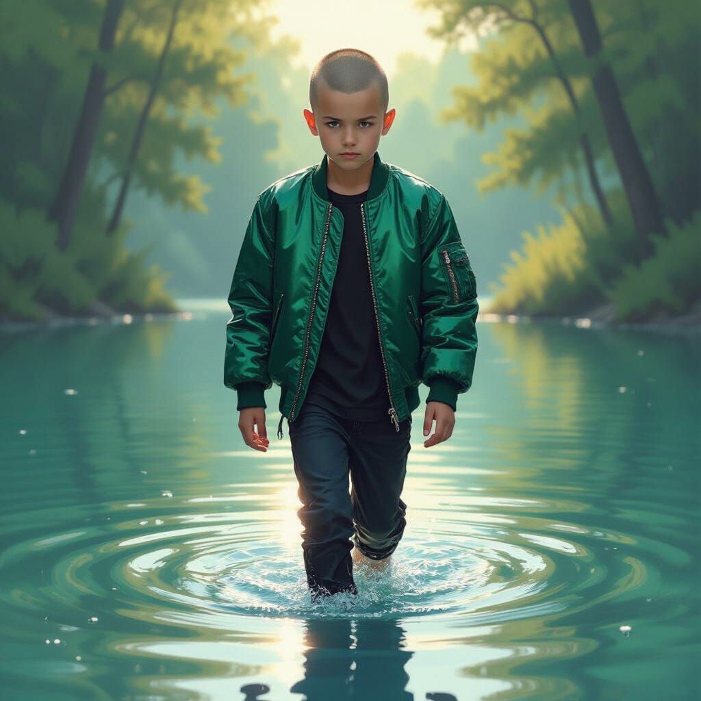 Punk Boy in Green Bomber Jacket Enters Sunlit Lake