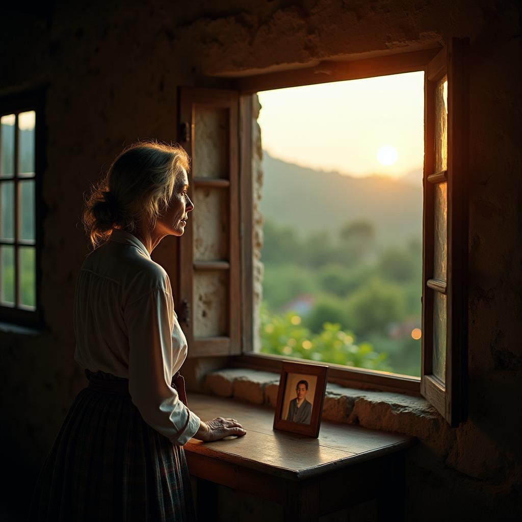 Nostalgic Mother Missing Son: A Cinematic Film Still