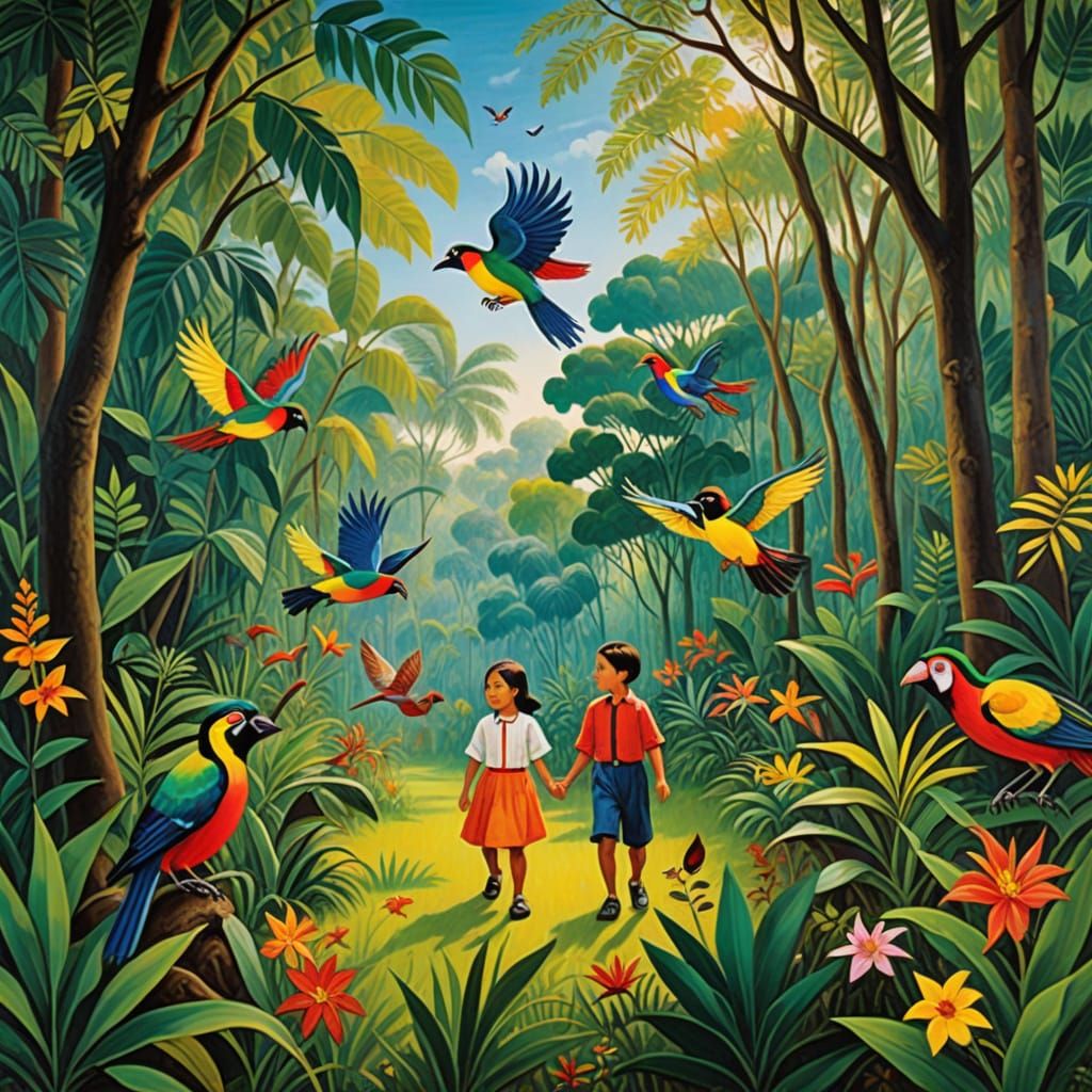 Children Discover the Jungle in Vibrant Oil Painting
