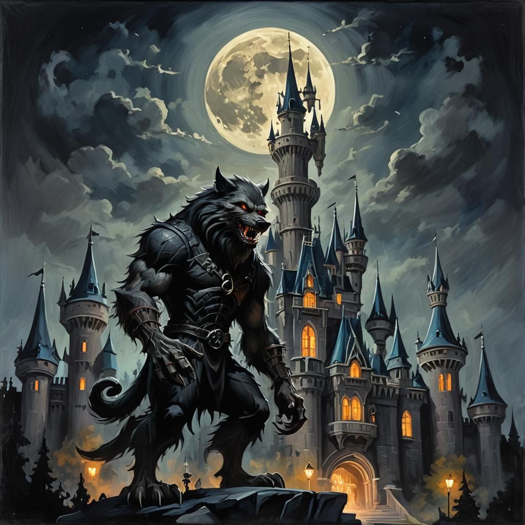 Werewolf at Gothic Disneyland Castle Oil Painting