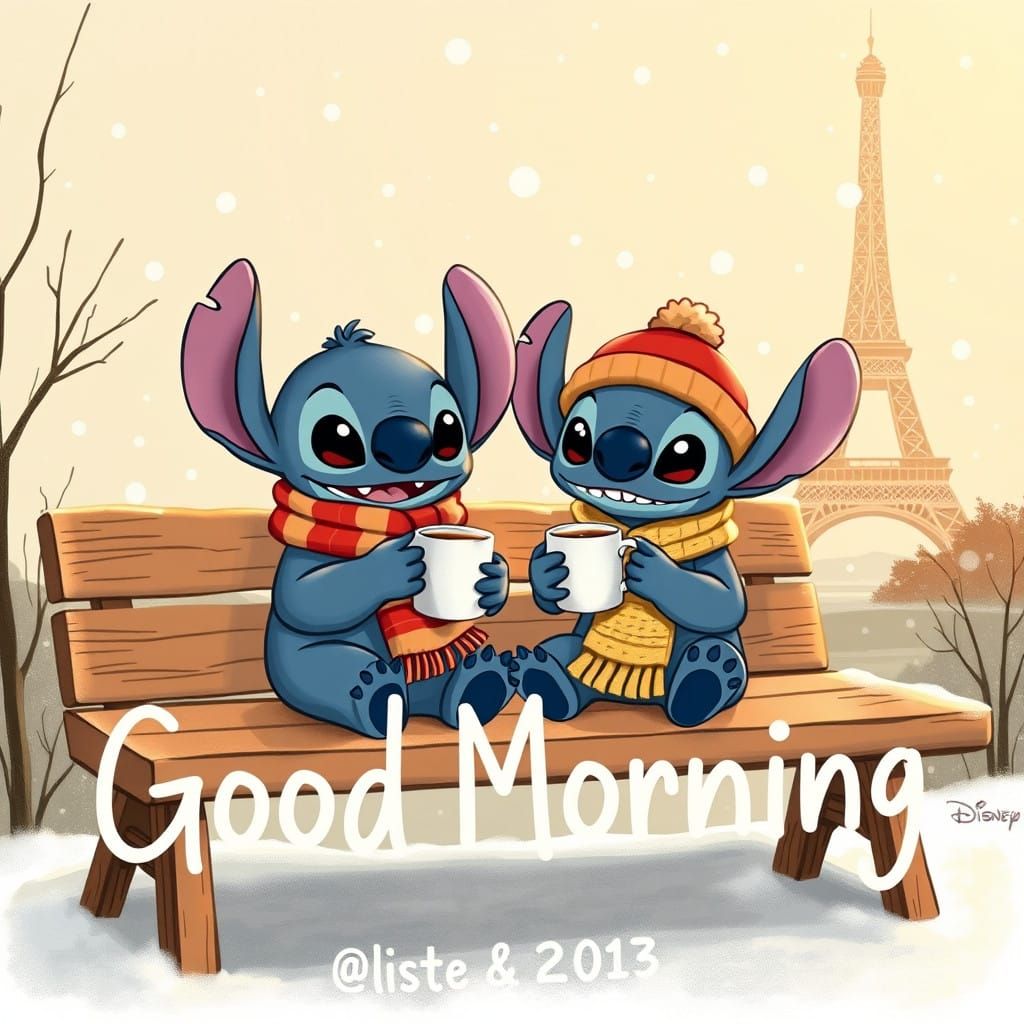 Lilo and Stitch Sip Coffee in Whimsical Winter Eiffel Tower...