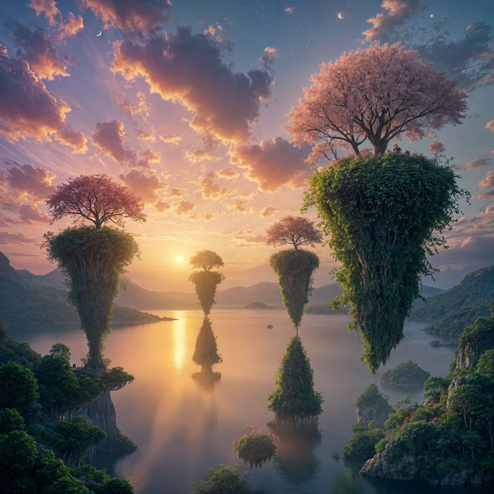 Floating Islands in Sunset Sky Digital Matte Painting