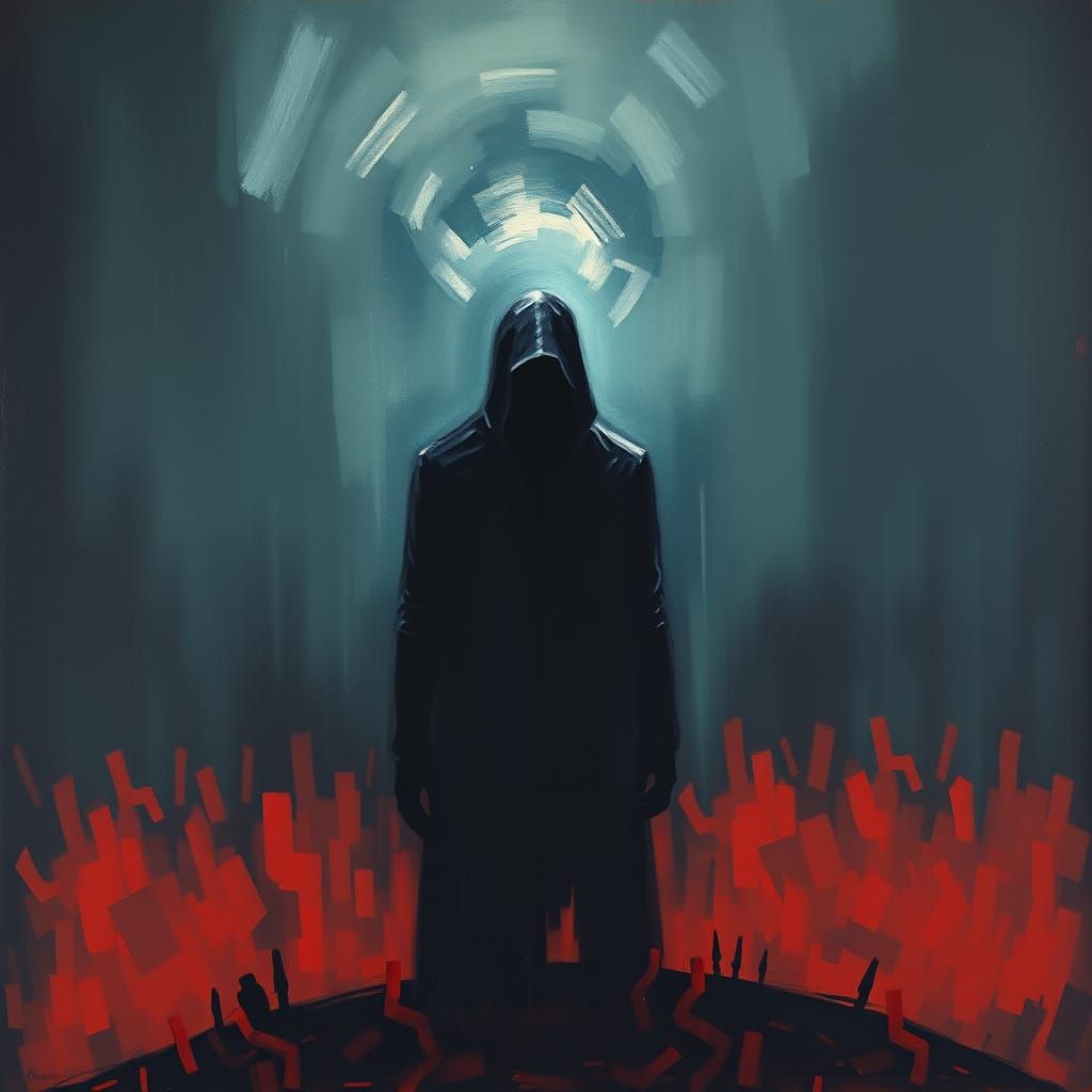 Ominous Figure in Expressionist Dystopian Landscape