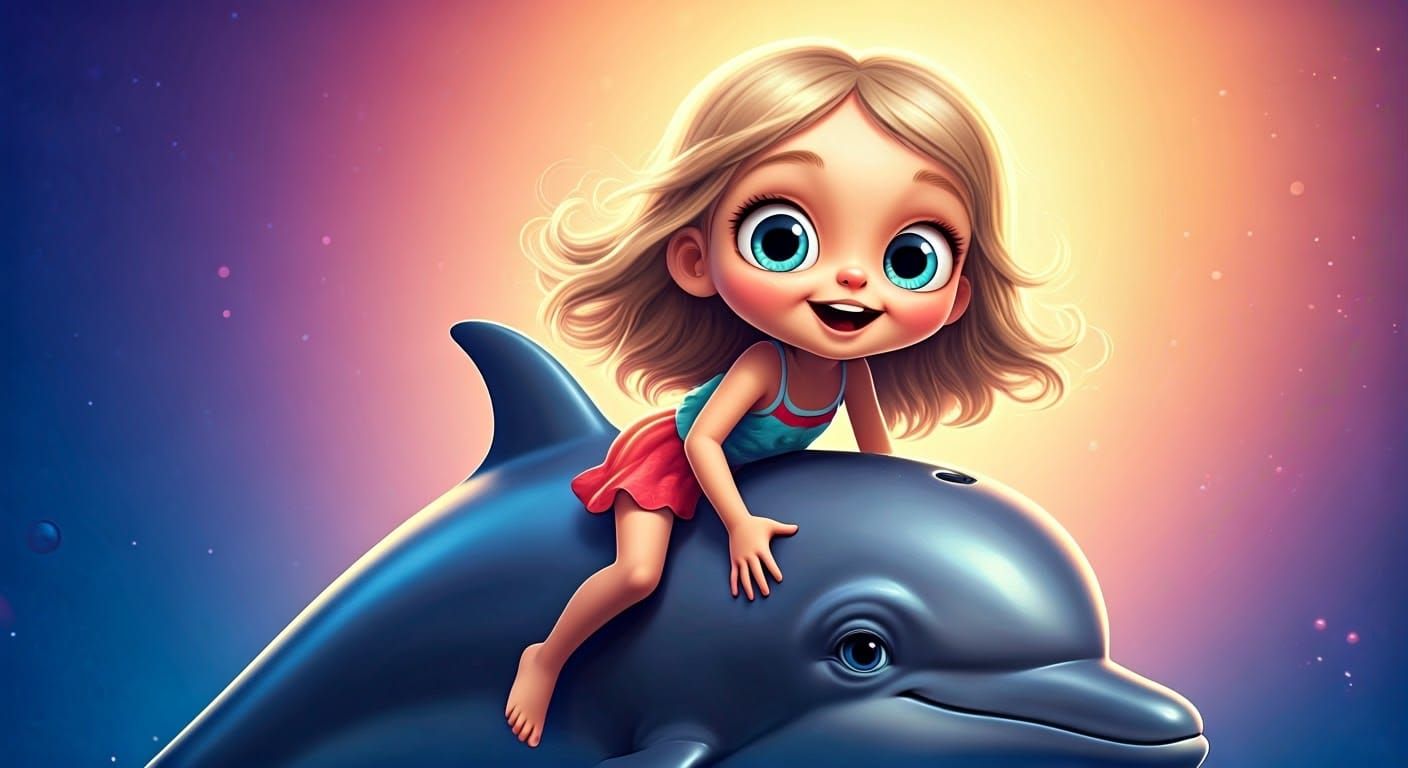 Girl on Dolphin in Dreamy 3D Pixar Style