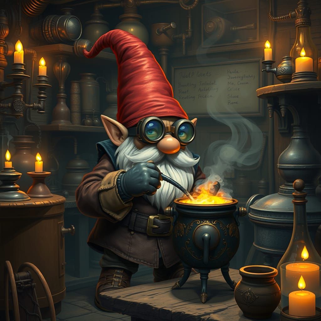 Meticulous Gnome Alchemist in Steam-Filled Workshop