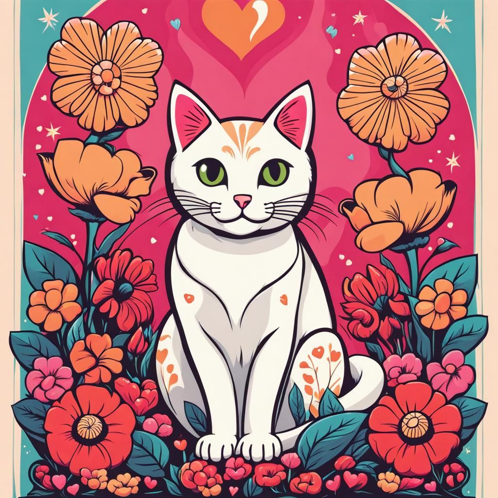 Cat on Pillow with Flowers in Psychedelic Style