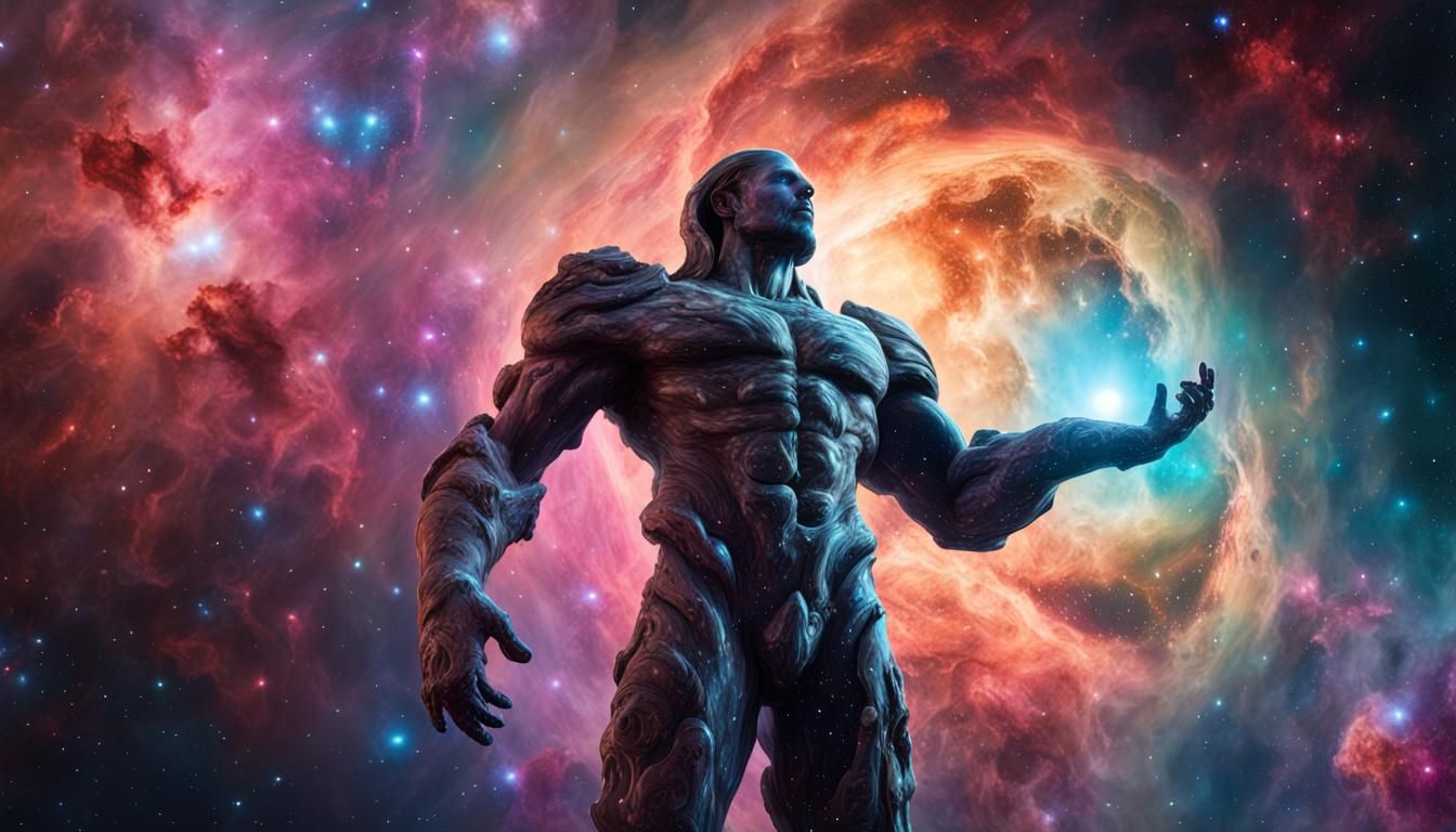 Hyperrealistic Space Titan Holds Galaxies
