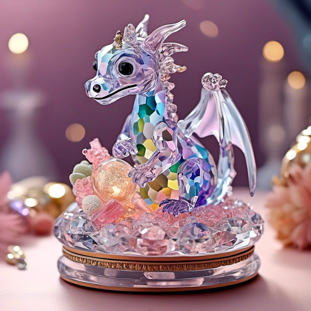 Baby Dragon in Glass Jewelry Box, Ghibli Style