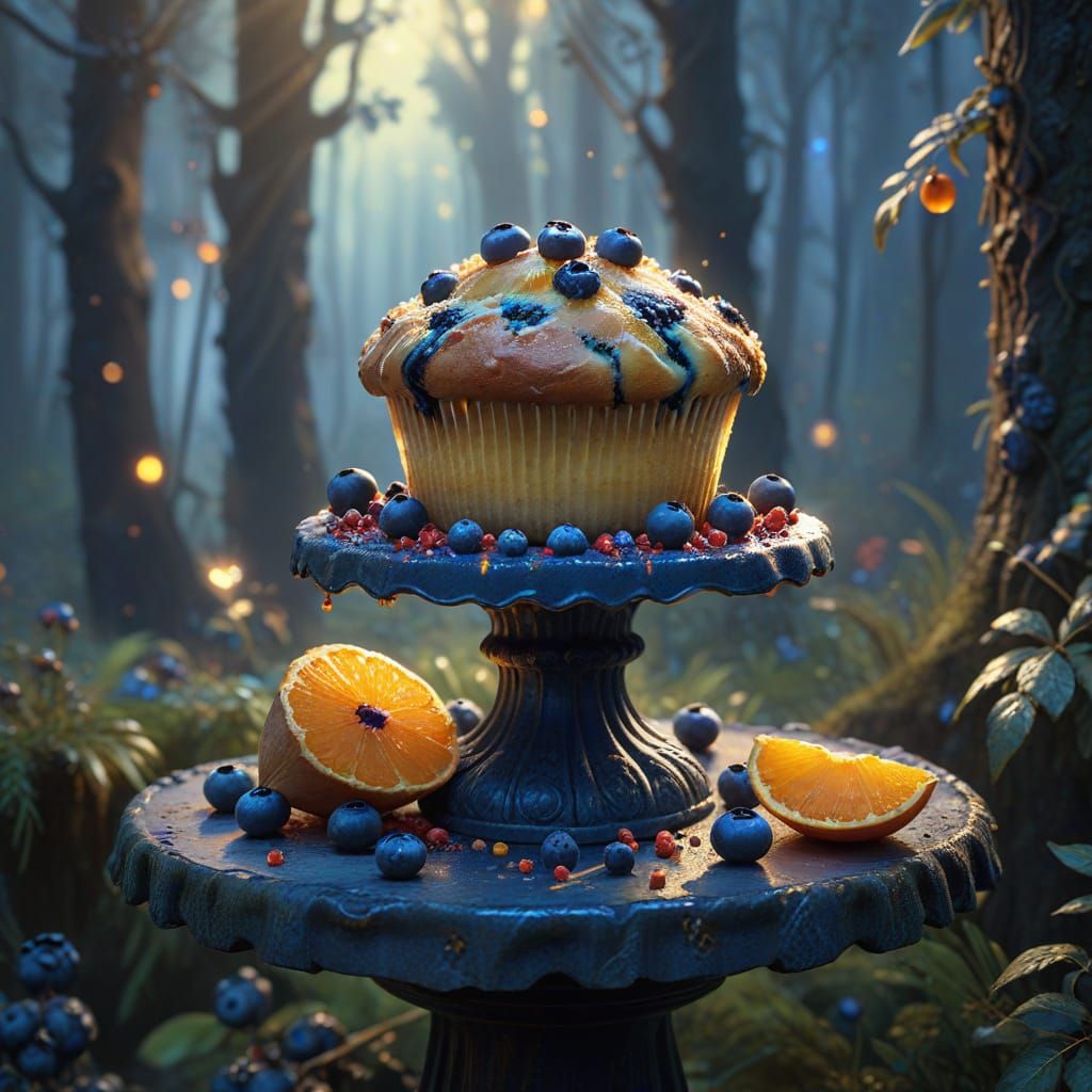 Blueberry Muffin in Mystical Forest, Oil Painting