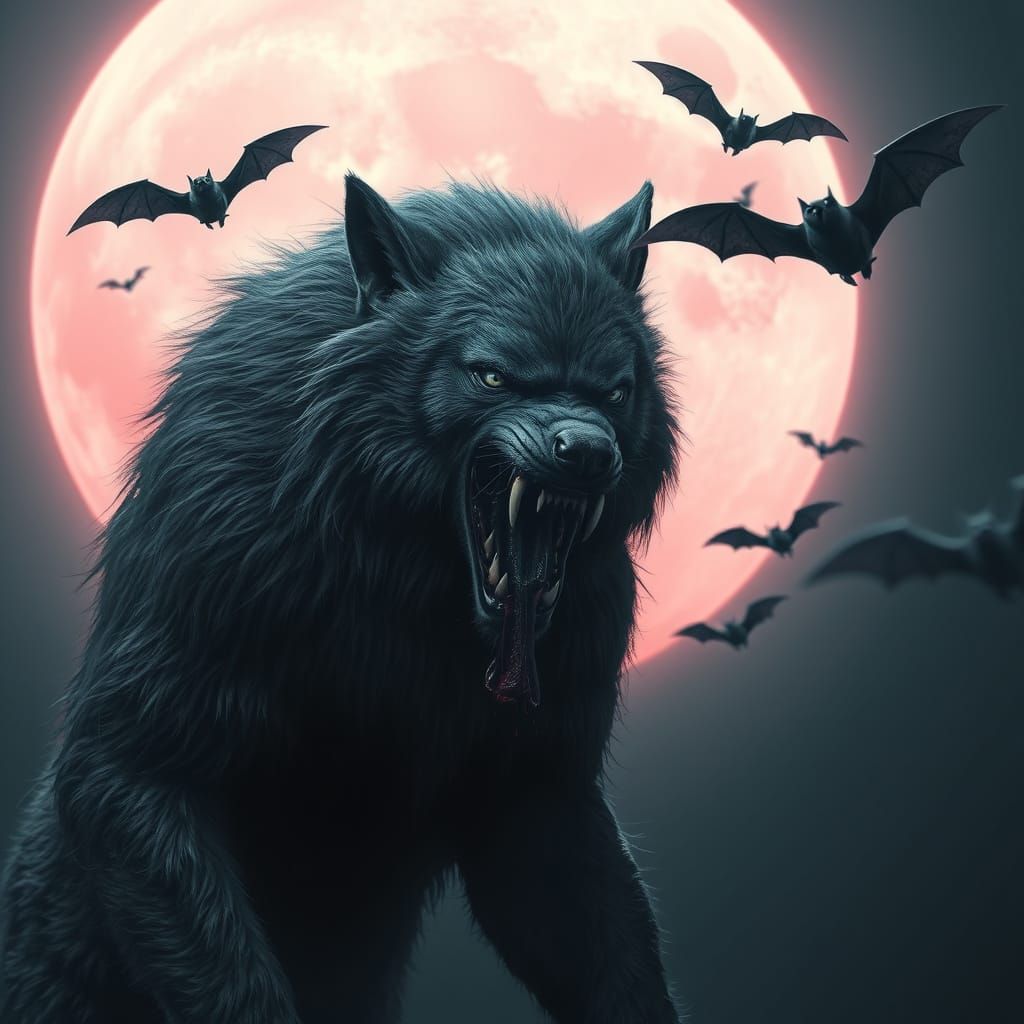 Hyper Realistic Werewolf in Front of a Pale Pink Moon