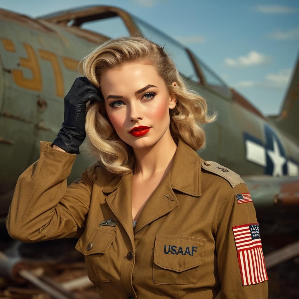 Retro Pin-Up Girl Beside WWII Aircraft Wreck