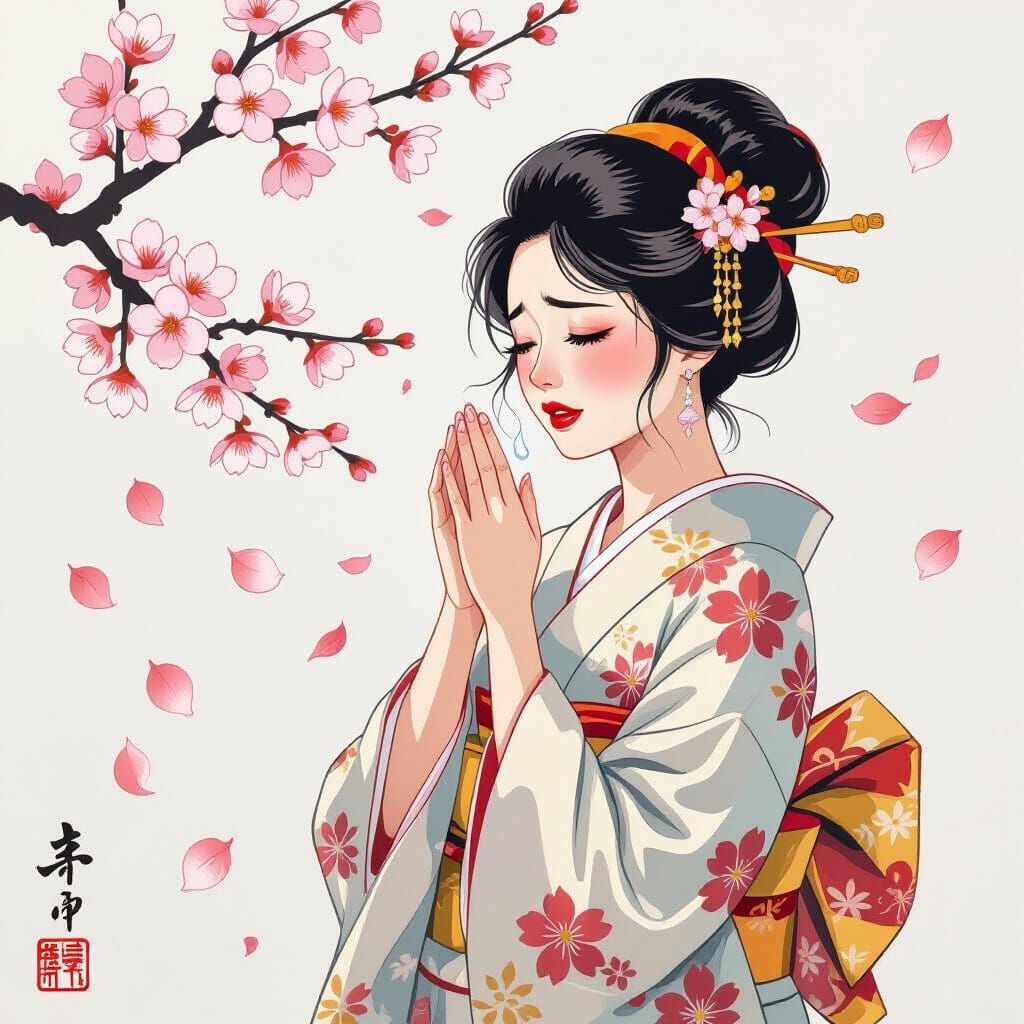 Crying Woman in Kimono, Yamato-e Style