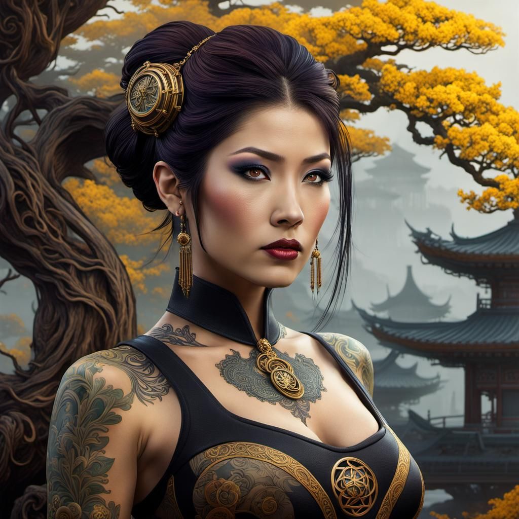 Chinese girl bonzai background