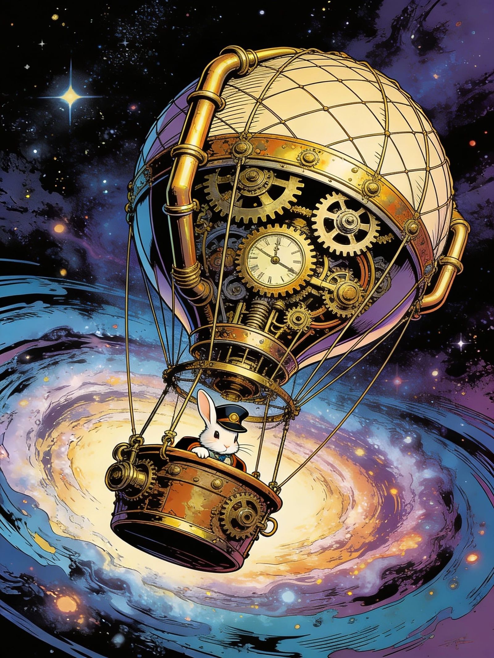 Steampunk Rabbit Pilot in Nebula Hot Air Balloon