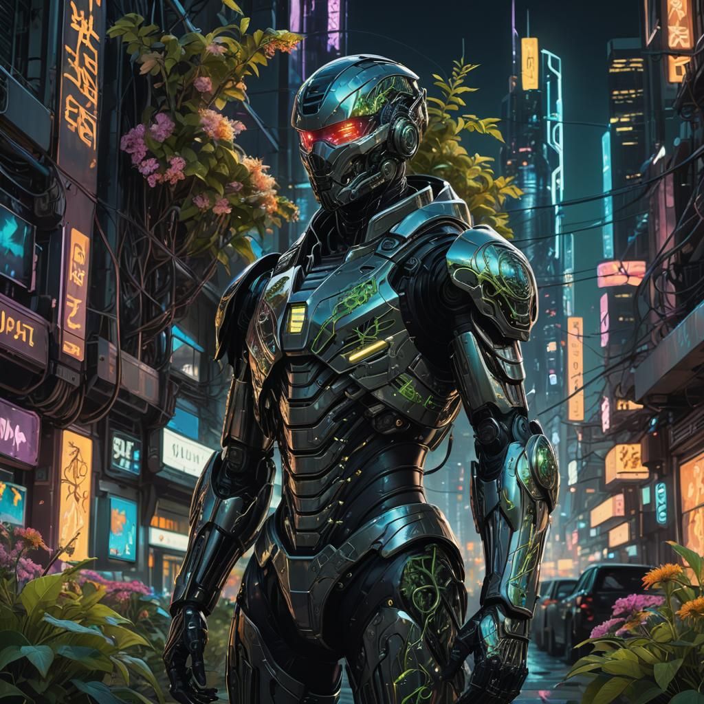 Cyborg Boy in Neon City, Cyberpunk Concept Art