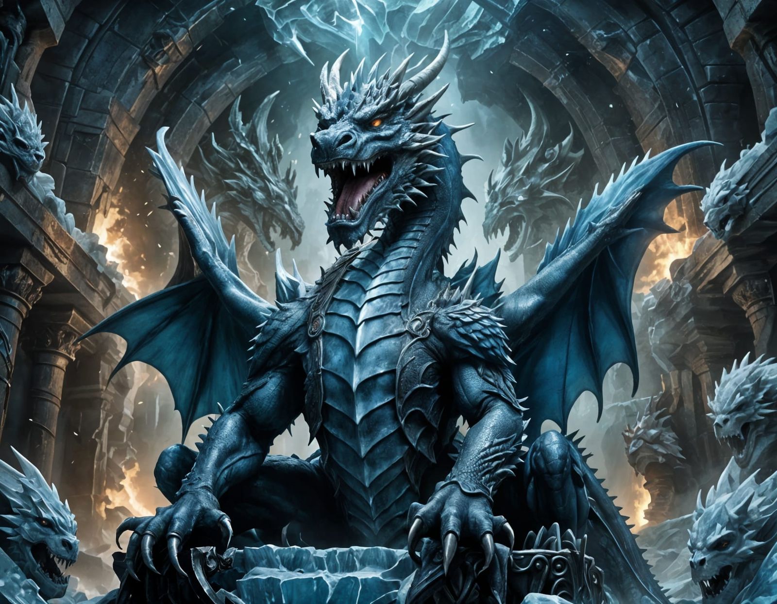 Icy Dragon on Skull Throne: 3D Rendered Art