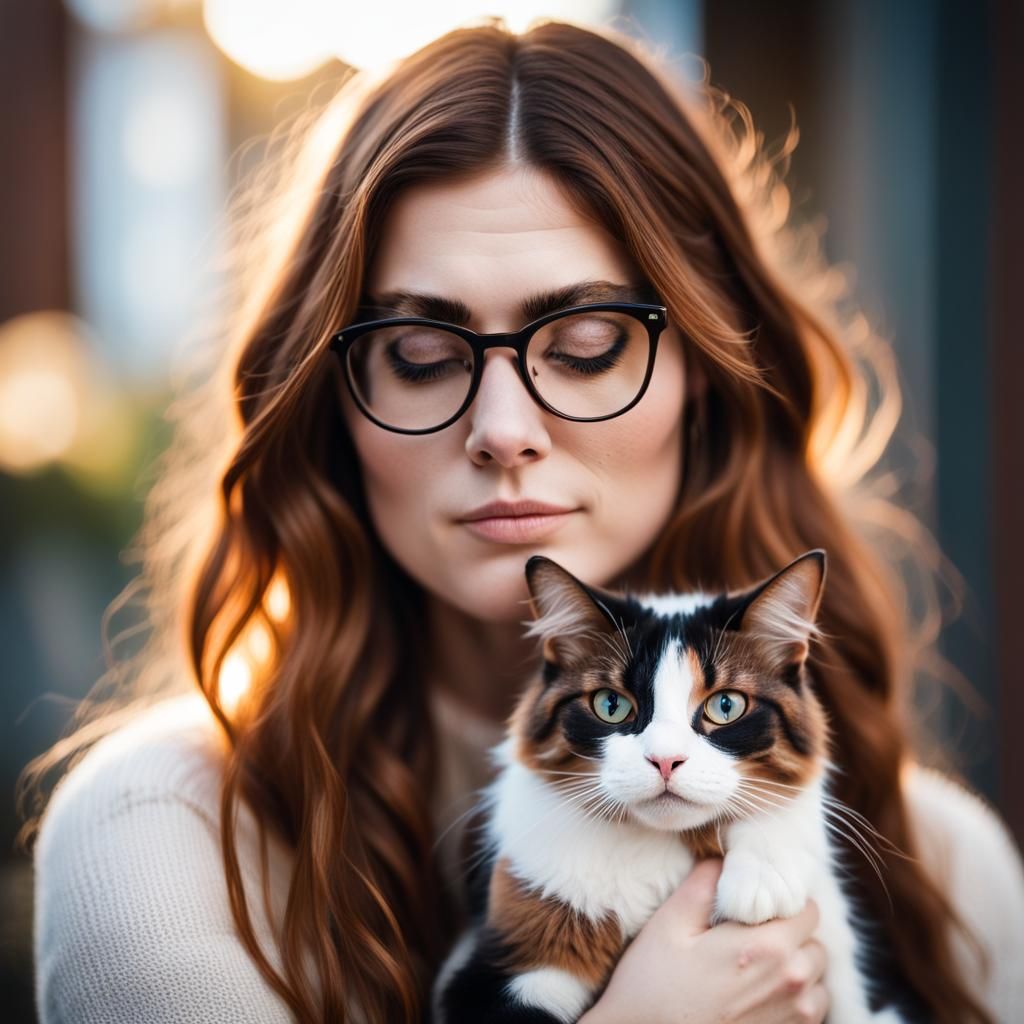 Ethereal Auburn Girl with Calico Cat Portrait