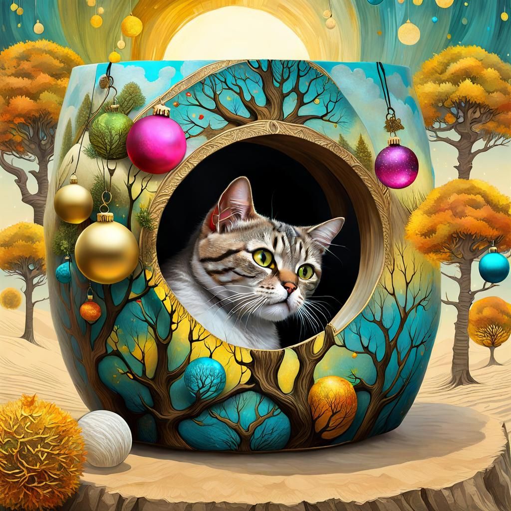 Festive Feline Decorates Tree in Dark Hyperrealism