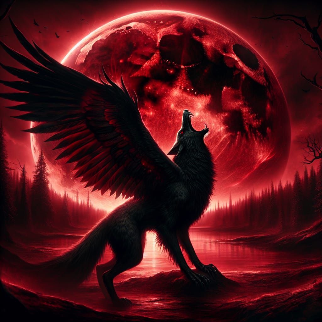 Winged Wolf Howling at Blood Moon