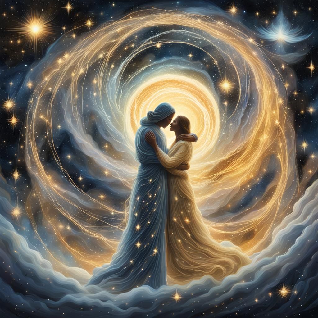 Ethereal Lovers Amidst a Swirling Galaxy