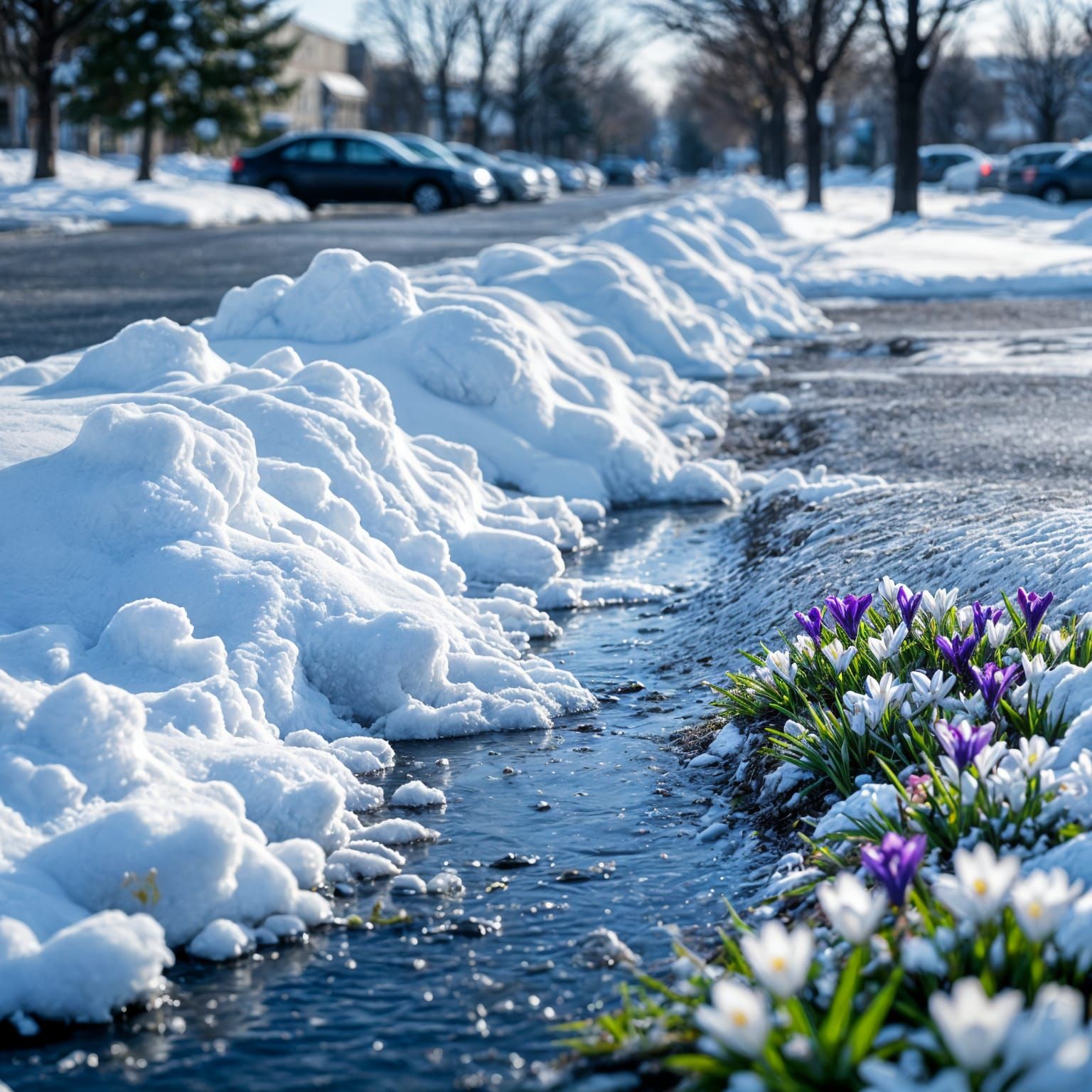 Spring Thaw in Parking Lot: Melting Snow Scene