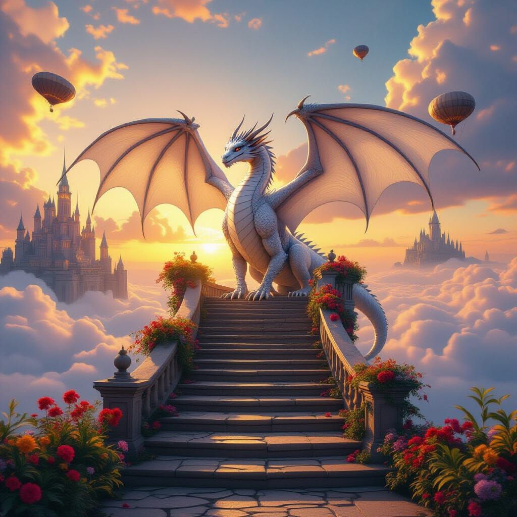 White Dragon Guards Sky City Stairway at Sunset