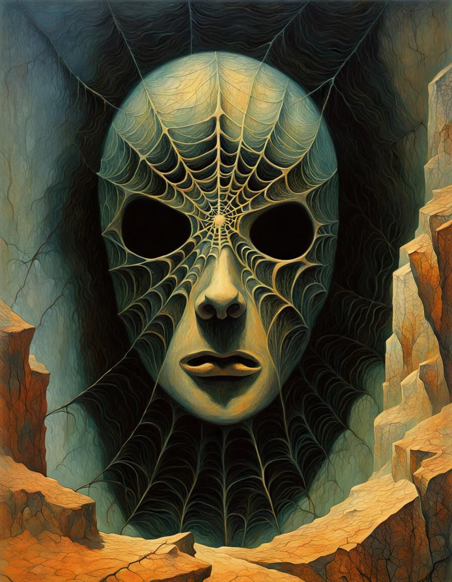 Sad Mask Spiderweb in Surreal Oil Painting Style
