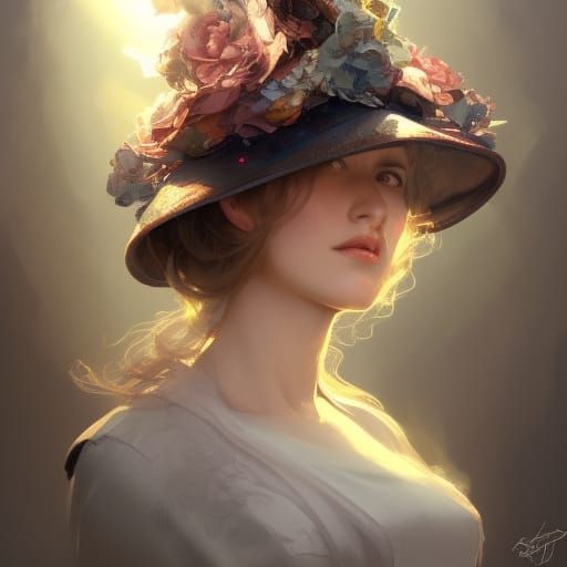 Woman in Floral Ascot Hat: Detailed Portrait
